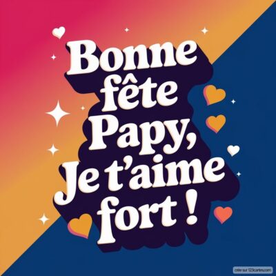 Carte virtuelle colorée pour la fête des grands-pères, avec le message Bonne fête Papy, Je t'aime fort ! et des cœurs.