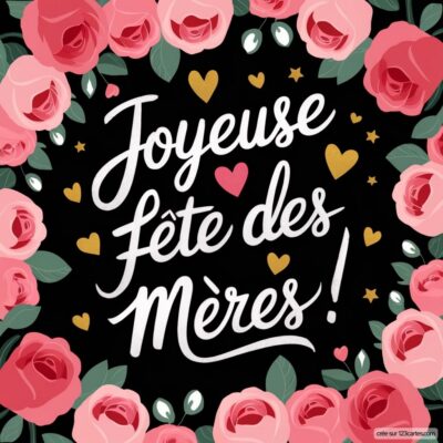 Carte virtuelle pour la fête des mères, avec des roses roses entourant le texte Joyeuse fête des Mères ! sur fond noir.