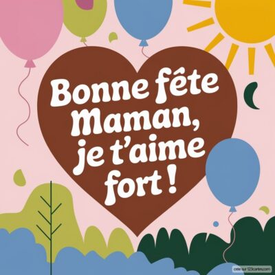 Carte de fête des mères avec un cœur brun et le message Bonne fête Maman, je t'aime fort ! sur fond coloré.
