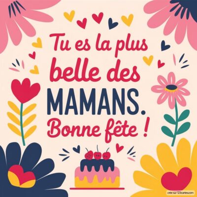 Carte de fête des mères avec un message chaleureux et coloré, fleurs et un gâteau d'anniversaire au centre.