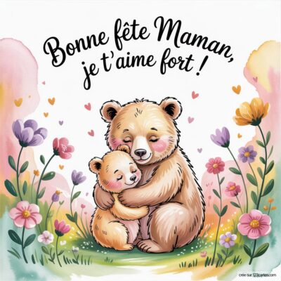 Illustration tendre de deux ours câlins, accompagnée du message Bonne fête Maman, je t'aime fort ! et de fleurs colorées.