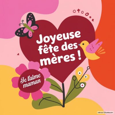 Carte de fête des mères avec un cœur rouge, une fleur rose, un oiseau et un papillon, avec le message Joyeuse fête des mères ! et Je t'aime maman.