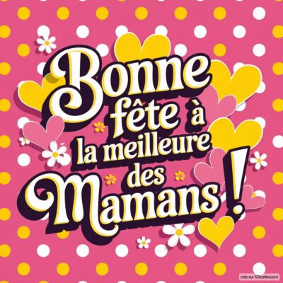 Carte de fête des mères sur fond rose avec des cœurs et des fleurs, avec le message : 'Bonne fête à la meilleure des Mamans !'