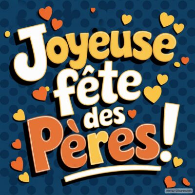 Carte virtuelle colorée pour la fête des pères avec le message 'Joyeuse fête des Pères!' et des cœurs.