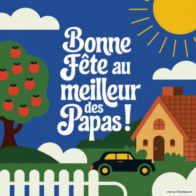 Carte de fête des pères avec un soleil, une maison, un arbre à pommes et le message 'Bonne Fête au meilleur des Papas'.