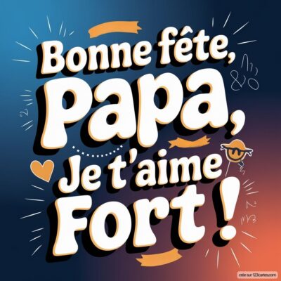 Carte virtuelle pour la fête des pères avec le message coloré : 'Bonne fête, Papa, Je t'aime FORT !'