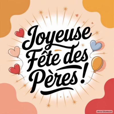 Texte Joyeuse Fête des Pères ! entouré de cœurs et de ballons sur un fond coloré. Ambiance festive et joyeuse.