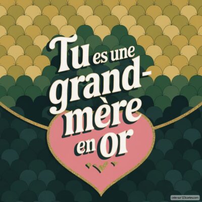 Carte de fête des grands-mères avec un fond en écailles vertes et dorées, affichant le texte Tu es une grand-mère en or dans un cœur rose.