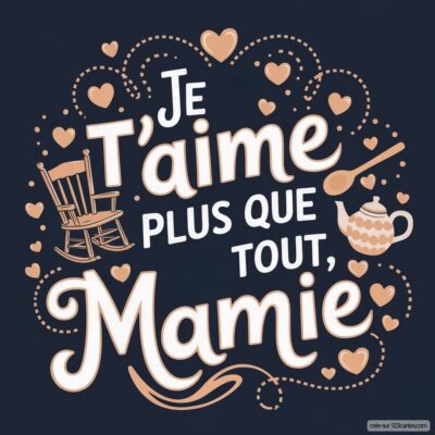 Carte virtuelle pour la fête des grands-mères avec un message d'amour : Je t'aime plus que tout, Mamie, entouré de coeurs.