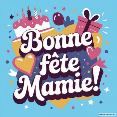 Carte de fête des grands-mères avec le message Bonne fête Mamie!, décorée de cœurs, d'un gâteau et d'un cadeau.