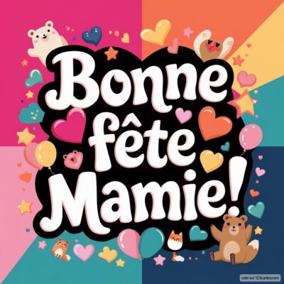 Carte virtuelle colorée pour la fête des grands-mères, avec le texte Bonne fête Mamie! entouré de cœurs et d'animaux mignons.