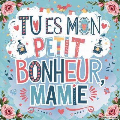 Carte virtuelle pour la fête des grands-mères, avec le texte Tu es mon petit bonheur, Mamie entouré de fleurs et d'illustrations colorées.