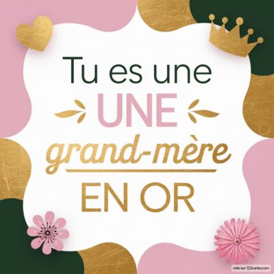 Carte virtuelle pour la fête des grands-mères, avec un fond coloré et le message « Tu es une grand-mère en or » décoré de fleurs et d’une couronne.