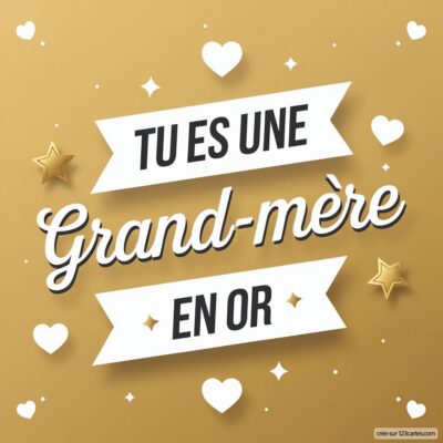 Carte de fête des grands-mères sur fond doré, avec le texte Tu es une grand-mère en or, décorée d'étoiles et de cœurs.