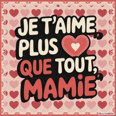 Carte de fête des grands-mères avec un fond rose et des cœurs, affichant Je t'aime plus que tout, Mamie.