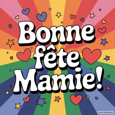 Carte colorée pour la fête des grands-mères avec un fond arc-en-ciel et le message joyeux : 'Bonne fête Mamie !'