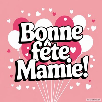 Carte virtuelle de fête des grands-mères avec un fond rose, des cœurs, et le message Bonne fête Mamie! en lettres colorées.