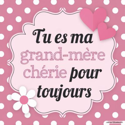 Carte virtuelle pour la fête des grands-mères, avec un fond rose à pois blancs et un message affectueux en rose et noir.