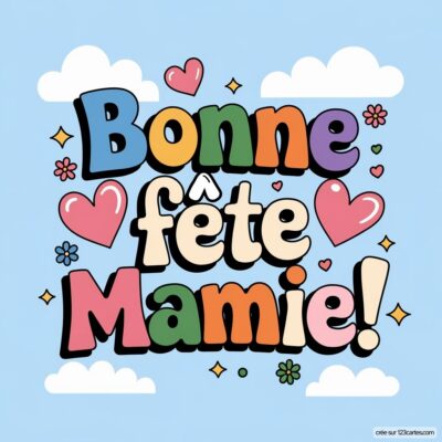 Fond bleu avec des nuages, écriture colorée Bonne fête Mamie! entourée de cœurs et de fleurs décoratives.