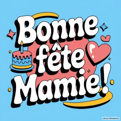 Carte virtuelle colorée pour la fête des grands-mères, avec le message 'Bonne fête Mamie!', un gâteau et des cœurs.