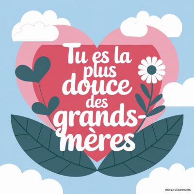 Carte virtuelle pour la fête des grands-mères : un cœur rose avec des fleurs, entouré de nuages, et le texte Tu es la plus douce des grands-mères.