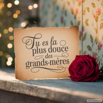 Carte virtuelle pour la fête des grands-mères, avec un message doux et une rose rouge sur une table décorée.