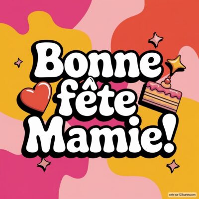 Carte virtuelle colorée pour la fête des grands-mères avec le message 'Bonne fête Mamie!' et un gâteau.