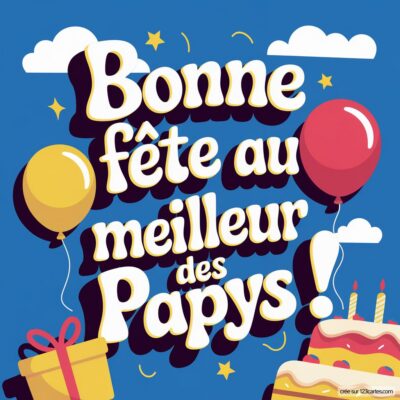 Fond bleu avec des ballons, un gâteau et des cadeaux. Inscription festive : Bonne fête au meilleur des Papys !