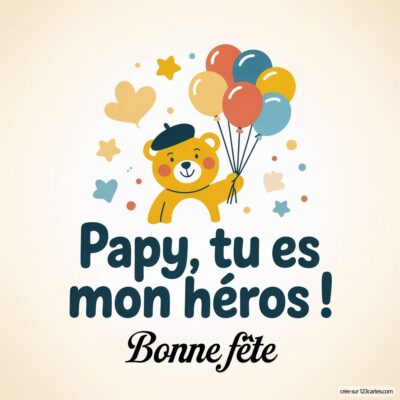 Carte de fête des grands-pères avec un ours mignon portant un béret, tenant des ballons. Texte : Papy, tu es mon héros ! Bonne fête.