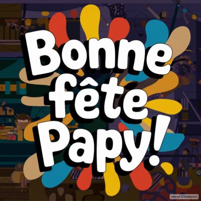 Carte virtuelle colorée pour la fête des grands-pères, avec le message 'Bonne fête Papy!' en lettres joyeuses.