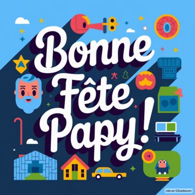 Carte virtuelle colorée pour la fête des grands-pères, avec le texte Bonne Fête Papy! et divers symboles évoquant la famille.