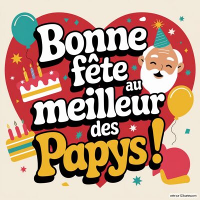 Carte colorée pour la fête des grands-pères avec un message joyeux, un grand cœur, des gâteaux et des ballons.