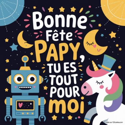 Carte virtuelle colorée pour la fête des grands-pères, avec un robot et une licorne, et le message affectueux Bonne fête Papy.