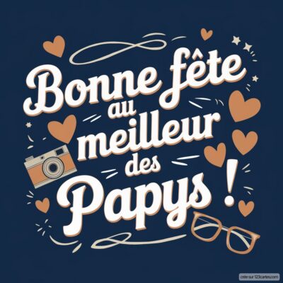Carte de fête des grands-pères avec le texte 'Bonne fête au meilleur des Papys!' et des illustrations de cœurs et d'un appareil photo.