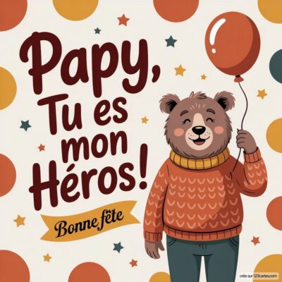 Carte de fête des grands-pères avec un ours souriant tenant un ballon, accompagnée du message Papy, tu es mon héros !.