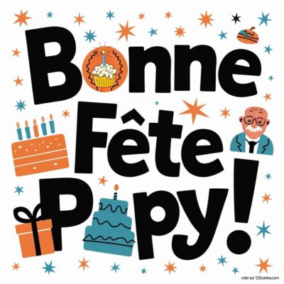 Carte virtuelle pour la fête des grands-pères avec des gâteaux, des cadeaux et le message 'Bonne Fête Papy !'