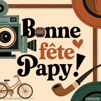 Carte virtuelle pour la fête des grands-pères avec un message coloré Bonne fête Papy ! et des illustrations vintage.