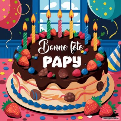 Gâteau d'anniversaire chocolat décoré de bougies et de fraises, avec le message Bonne fête Papy en couleur vive.