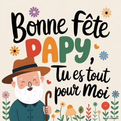 Illustration colorée d'un grand-père souriant avec une barbe blanche, portant un chapeau et tenant une canne. Texte : Bonne fête Papy, Tu es tout pour Moi.