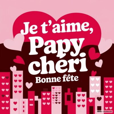 Carte virtuelle pour la fête des grands-pères, avec un message affectueux en lettres blanches sur fond de coeurs roses.