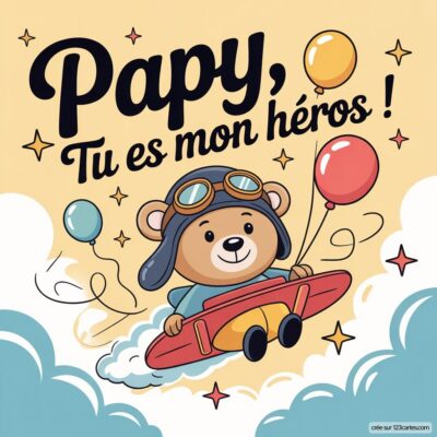Carte pour la fête des grands-pères : un ours piloter une planche avec des lunettes, tenant des ballons colorés, accompagnée du texte Papy, tu es mon héros !
