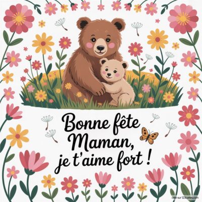 Illustration colorée de deux ours dans un champ fleuri, avec le texte Bonne fête Maman, je t'aime fort ! au centre.