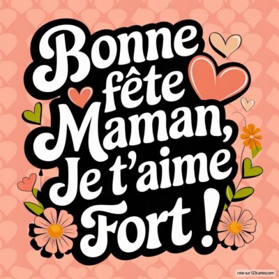 Carte virtuelle de fête des mères avec un fond rose, texte en gros Bonne fête Maman, Je t’aime Fort ! et des fleurs.