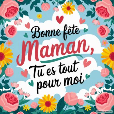 Carte virtuelle colorée pour la fête des mères, avec un message doux : Bonne fête Maman, Tu es tout pour moi, entouré de fleurs.