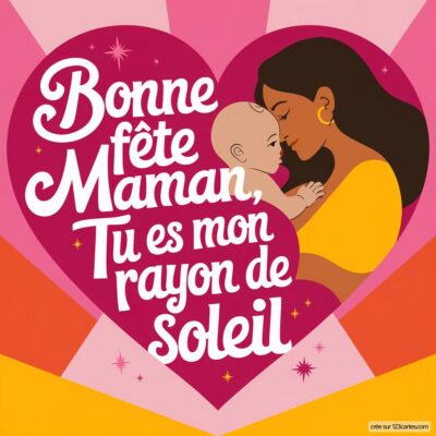Carte de fête des mères avec une mère tenant son bébé, entourée d'un cœur rose et d'un message affectueux.