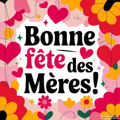 Carte virtuelle colorée pour la fête des mères, avec Bonne fête des Mères ! en lettres stylisées, entourée de fleurs et cœurs.