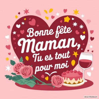 Carte virtuelle pour la fête des mères avec un grand cœur rouge, des roses, un gâteau et un verre de vin. Texte doux et affectueux.