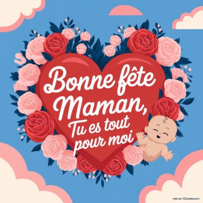 Image colorée avec un grand cœur rouge entouré de fleurs. Texte : Bonne fête Maman, Tu es tout pour moi avec un bébé souriant.