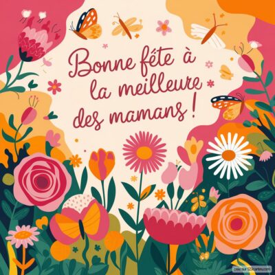 Illustration colorée avec des fleurs, papillons et le message « Bonne fête à la meilleure des mamans ! » en centre.