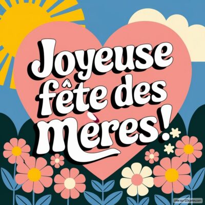 Carte colorée pour la fête des mères, avec un cœur rose et l'inscription 'Joyeuse fête des mères!' sur fond fleuri.